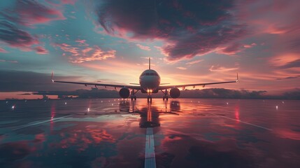 Futuristic Airplane Runway on Floating Platform Against Vibrant Sunset Sky