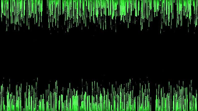 Green color flowing shiny fluid particles frame on black background