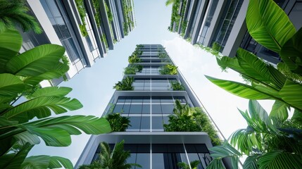A tall building with a green roof and a lot of plants