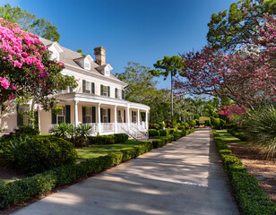 Obraz premium southern plantation magnolia lined driveway formal gardens filled azaleas camellias sprawling veranda