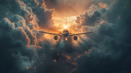 Dramatic Airplane Soaring Through Cloudy Sky with Dramatic Lighting and Shadow Effects