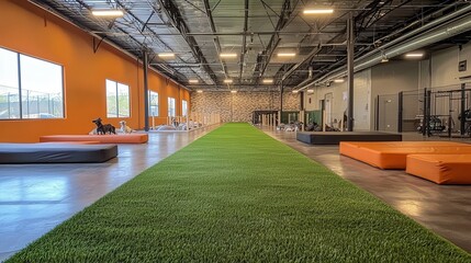 A spacious indoor facility designed for dog training, showcasing a lush green turf area, workout equipment, and large windows for natural light
