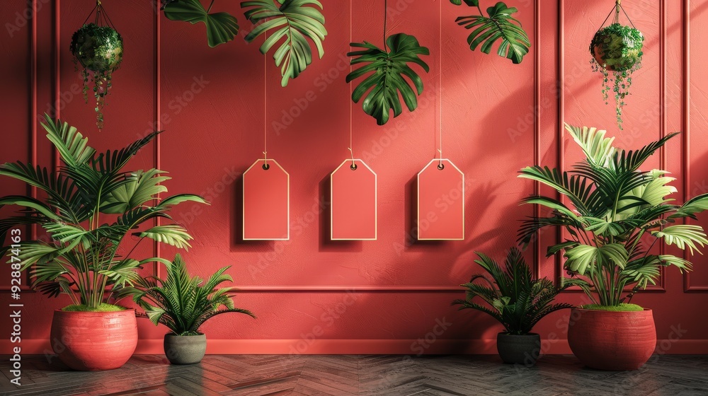Poster red wall features three blank tags suspended above vibrant greenery in stylish planters, creating a 