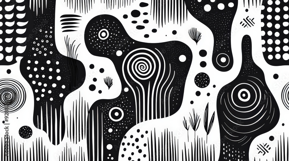Poster Intricate black and white patterns create a mesmerizing abstract art piece with swirling shapes and varied textures throughout