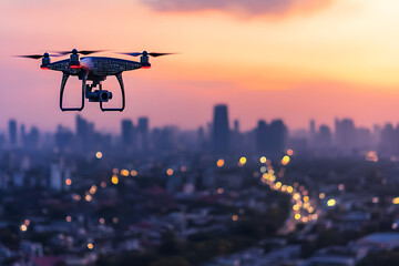 High-tech drone flying over a cityscape at sunset, representing advanced technology, smart city infrastructure, and futuristic urban development.