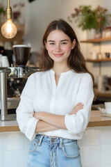 Confident Young Woman Standing in a Modern Cafe with Folded Arms