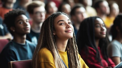 Obraz premium Thoughtful young woman in yellow sweater looking up at presentation during conference with diverse audience in background