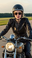 A woman in a leather jacket rides her motorcycle at sunset, embracing freedom on an empty road