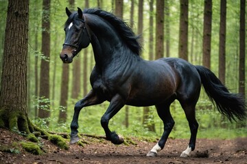 Fototapeta premium Beautiful Friesian horse action portrait in forest