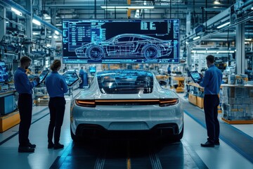 Three technicians use tablets to review digital vehicle designs in a modern automotive manufacturing plant