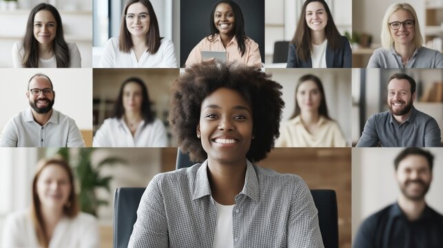 Diverse group of professional business men and women smiling and engaging in a successful online meeting using video conferencing software