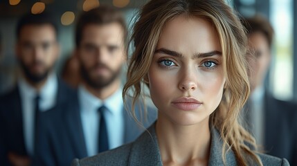 Fototapeta premium Portrait of a beautiful young woman with blonde hair and blue eyes, looking directly at the camera, with two blurred men in suits behind her.