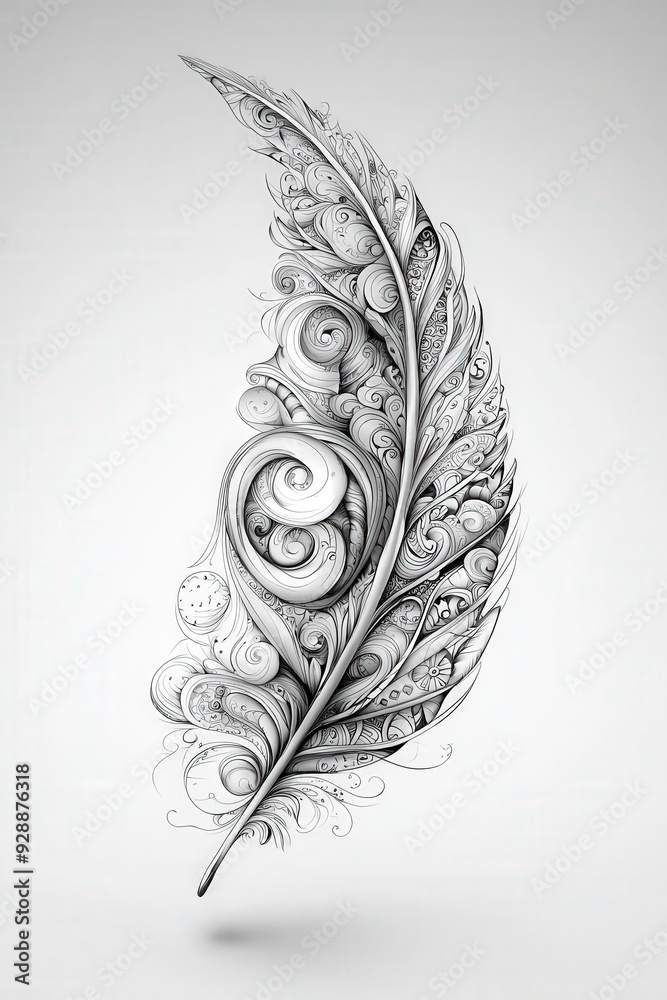 Poster a beautifully detailed feather is decorated with intricate swirling patterns and designs, showcasing
