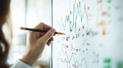 Businesswoman explaining financial data and statistics while drawing colorful graphs and charts on a whiteboard during a meeting in a modern office setting