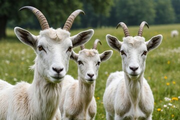 flock of white horned goats in summer meadow