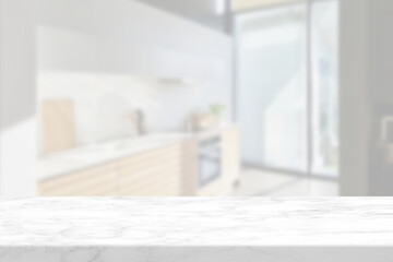 Marble Table with White Blurred Modern Kitchen Background