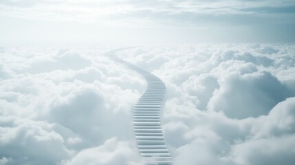 Ascending the Stairway to Heaven, A View of Fluffy White Clouds Surrounding a Brilliant Light at the Summit, Embracing Nature