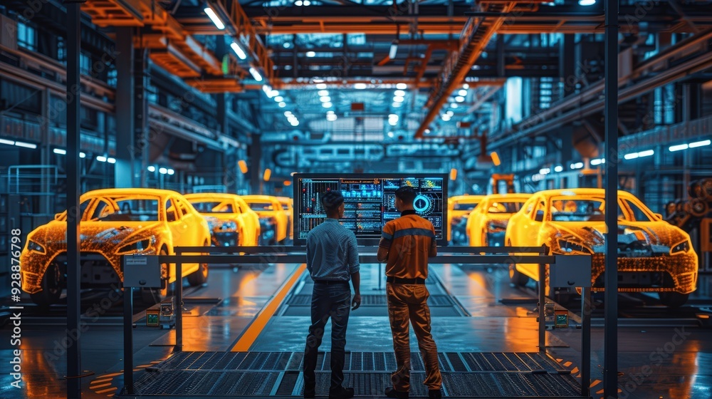 Poster two workers examine digital car models in an advanced manufacturing facility with illuminated protot