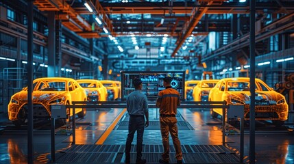 Two workers examine digital car models in an advanced manufacturing facility with illuminated prototypes around them