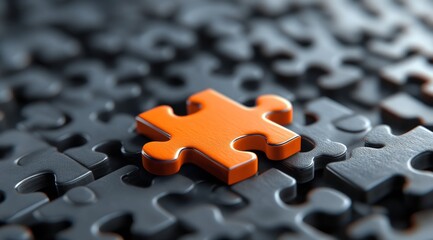 A standout and vibrant orange puzzle piece is resting amongst dark jigsaw pieces, symbolizing uniqueness in design