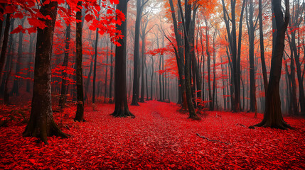 Mystical autumn forest with red leaves