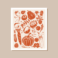 Hand drawn linocut style vegetables poster. Grunge illustration of different vegetables. Vector background	