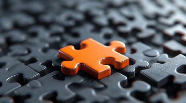 A standout and vibrant orange puzzle piece is resting amongst dark jigsaw pieces, symbolizing uniqueness in design