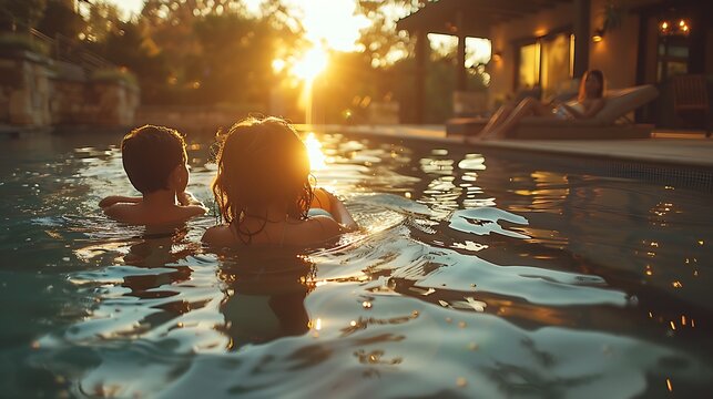 A relaxing family pool day, with children playing on inflatable toys in a sparkling backyard pool, parents lounging on chairs, and the sun creating a beautiful, warm glow over the entire scene.