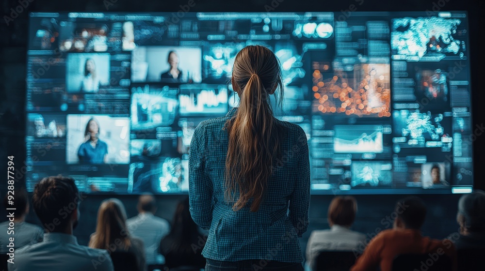 Poster A woman stands in front of large digital screens filled with diverse data visuals while others sit and watch attentively