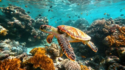 Fototapeta premium Serene Beauty of a Vibrant Coral Reef: Majestic Sea Turtle Swimming Peacefully