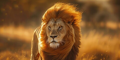A majestic lion moves gracefully its golden mane billowing in the wind like flickering flames of bravery Its powerful dominant presence commands attention