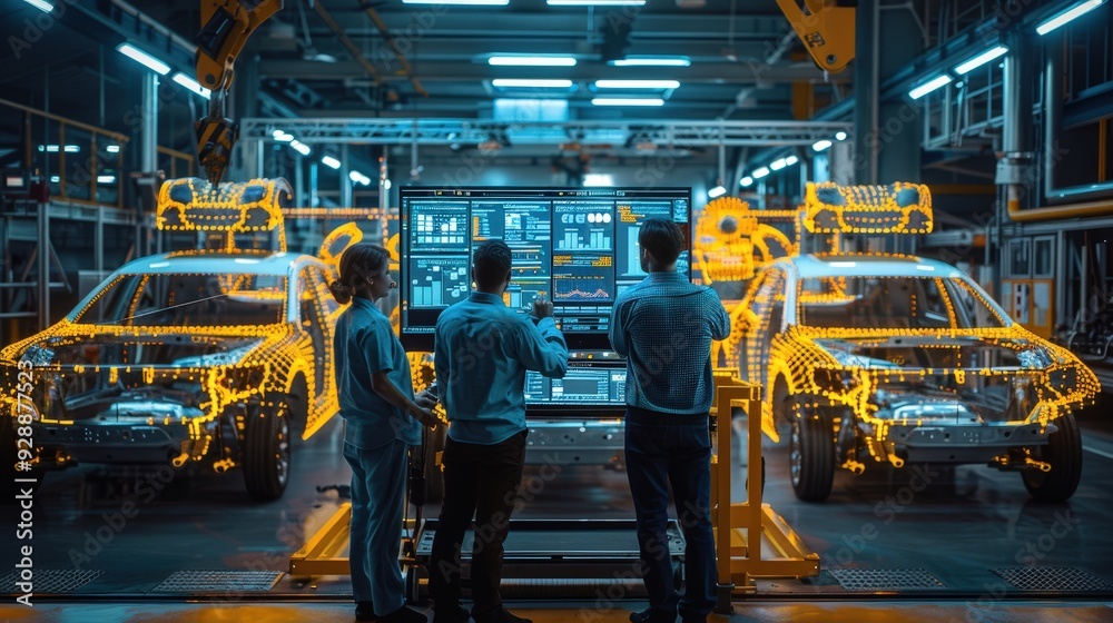 Poster Technicians work together at a control station, reviewing vehicle design data with illuminated car models around them