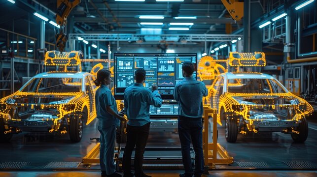 Technicians work together at a control station, reviewing vehicle design data with illuminated car models around them
