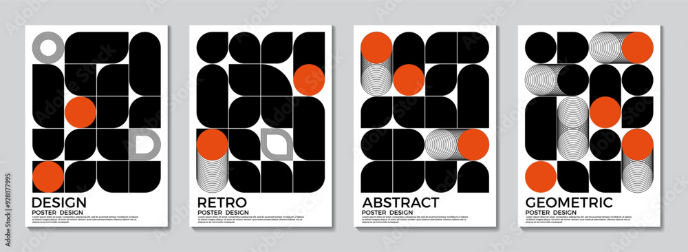 Poster retro black and white geometric pattern background, set of circles round curve shape with dynamic li