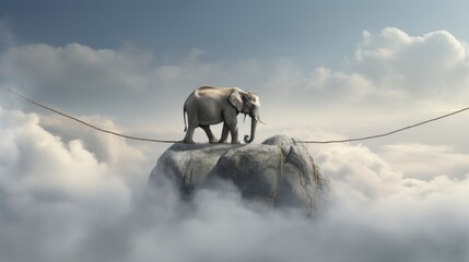Obraz premium An elephant stands on a rock high in the clouds with a rope stretched between the peaks.