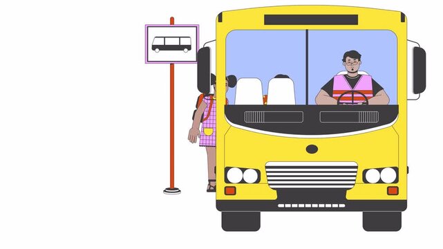 Multicultural schoolkids boarding bus line 2D characters animation. Driving school flat color cartoon 4K video, alpha channel. Schoolgirl schoolboy getting on bus animated people on white background