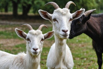 Obraz premium Domestic goats are a mother goat and two goats