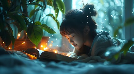 A tranquil bedtime scene where a parent reads a fairy tale to their child, the room softly glowing with warm light, the child snuggled in bed with a favorite blanket,
