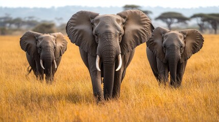 Obraz premium Majestic Elephant Herd Roaming Freely in the Vast African Savanna Landscape