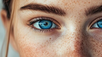 Fototapeta premium Close-up of a joyful young woman with freckles and blue eyes