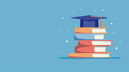 Fototapeta premium Colorful Stack of Books with Graduation Cap Against Blue Background - Educational Achievement, Learning, Success, Knowledge, Academic, School, and Celebration Concept