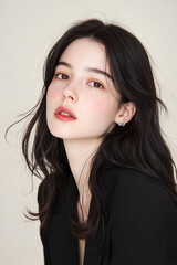 Elegant Portrait of a Young Woman with Bold Makeup and Wavy Hair