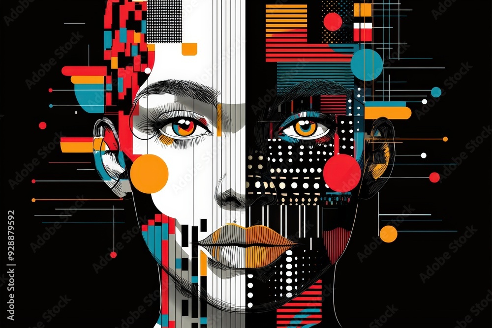 Fototapete a striking representation of a human face adorned with colorful geometric designs and intricate patt