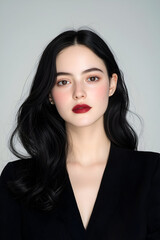 Elegant Portrait of a Young Woman with Bold Makeup and Wavy Hair