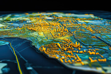 Technical aerial visual, 3D LiDAR GIS aerial map satellite scan model isolated, showing Fresno. Elevation, topography, render