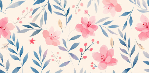 Watercolor Seamless Floral Pattern With Pink Flowers and Blue Leaves, Perfect for Spring and Summer Designs, Invitations, and Wallpapers