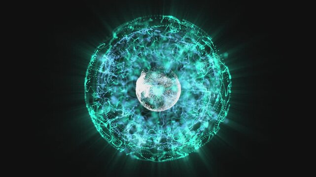 Abstract looped light blue 3in1 sphere of energy with magical glowing particles and waves with white core , on black background, video in 4K