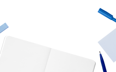 Overhead spread white notebook with blue pen, blue ballpoint pen and blue sticky note stationery cutout frame