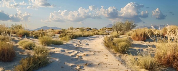 Desert trail winding through dunes, 4K hyperrealistic photo