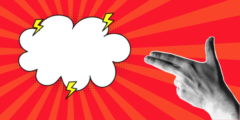 Halftone collage, hand gesture in the shape of a gun, empty speech bubble, cloud in a comic style. Template for retro pop art banner, two fingers, cut out of magazine element.